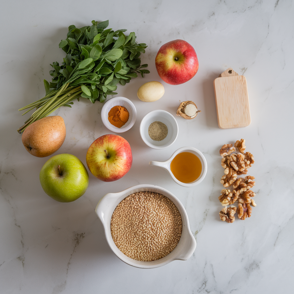 Ingredients for Savory Breakfast Millet with Spiced Apple & Walnut Crumble