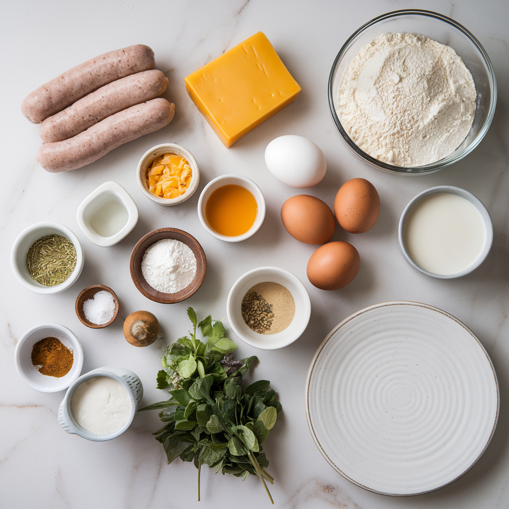 Ingredients for Savory Breakfast Sausage and Cheddar Pancake Stacks