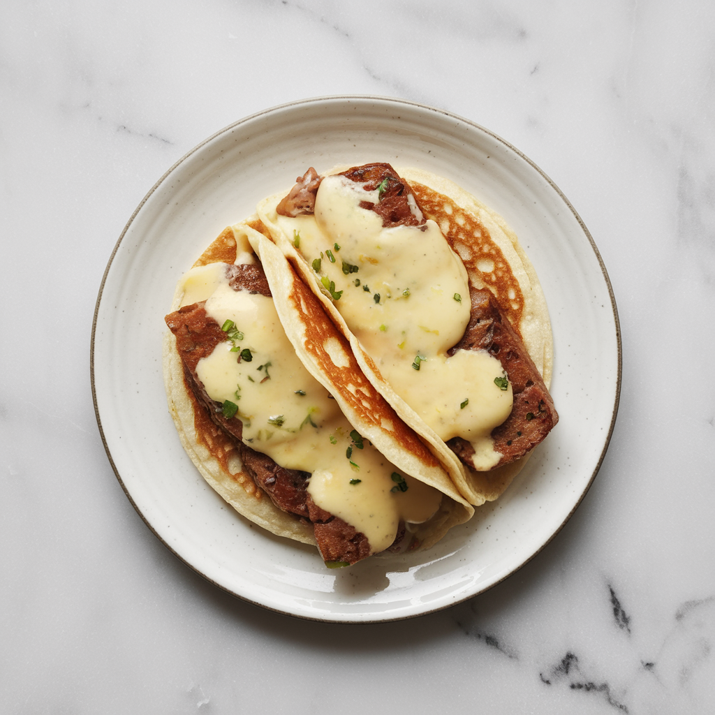 Savory Breakfast Sausage Pancake Tacos with Maple Hollandaise
