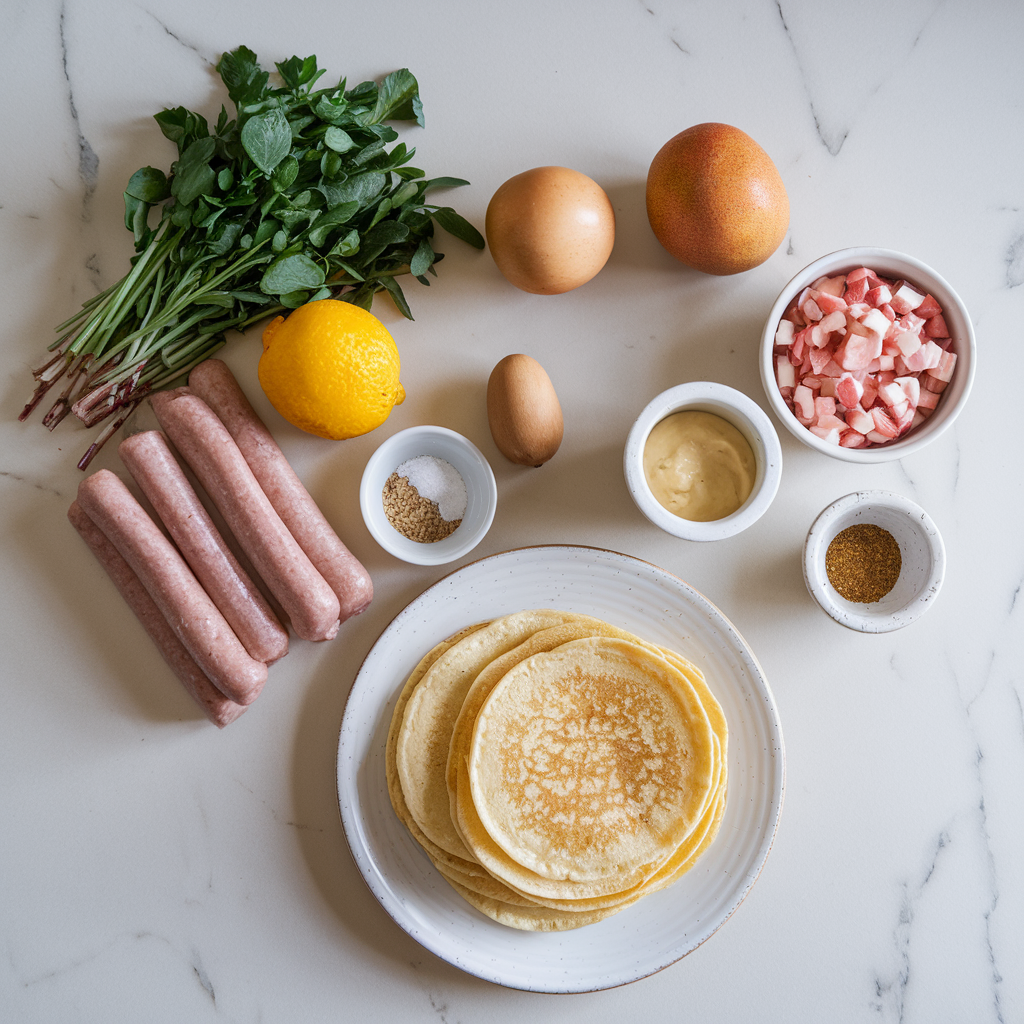 Ingredients for Savory Breakfast Sausage Pancake Tacos with Maple Hollandaise