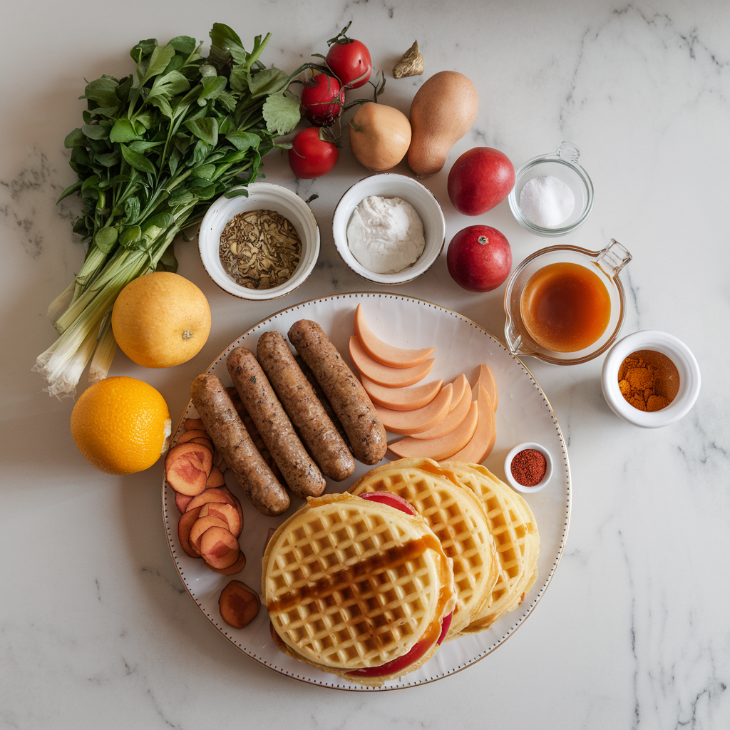 Ingredients for Savory Breakfast Sausage Waffle Sandwiches with Maple-Chipotle Drizzle