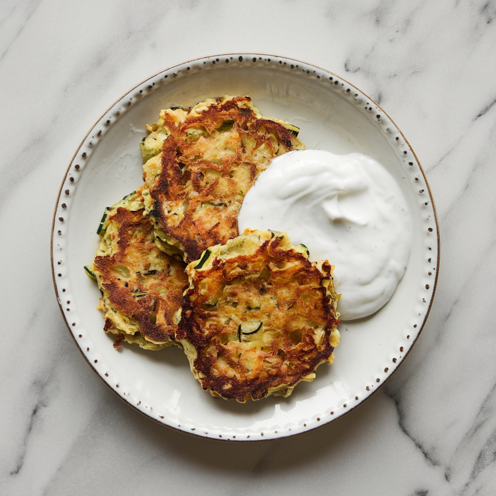Savory Buckwheat & Zucchini Breakfast Fritters with Spicy Coconut Yogurt