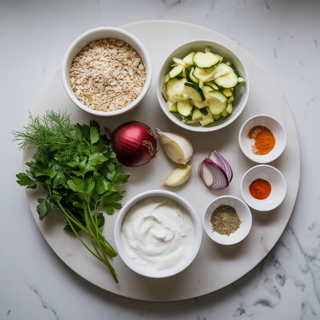 Ingredients for Savory Buckwheat & Zucchini Breakfast Fritters with Spicy Coconut Yogurt