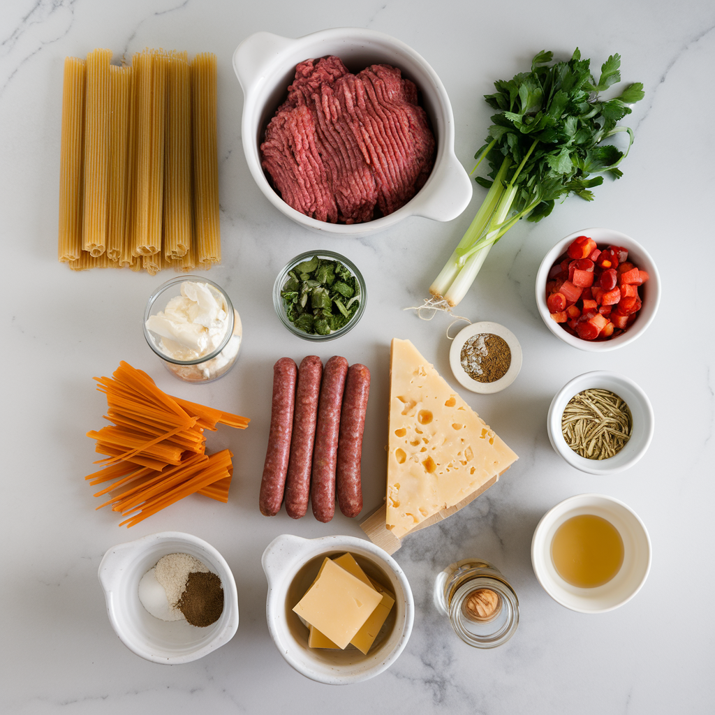 Ingredients for Savory Cheesy Beef & Chorizo Pasta Skillet