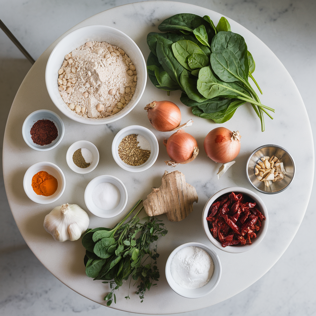Ingredients for Savory Chickpea Flour Pancakes with Spinach & Sun-Dried Tomato Relish