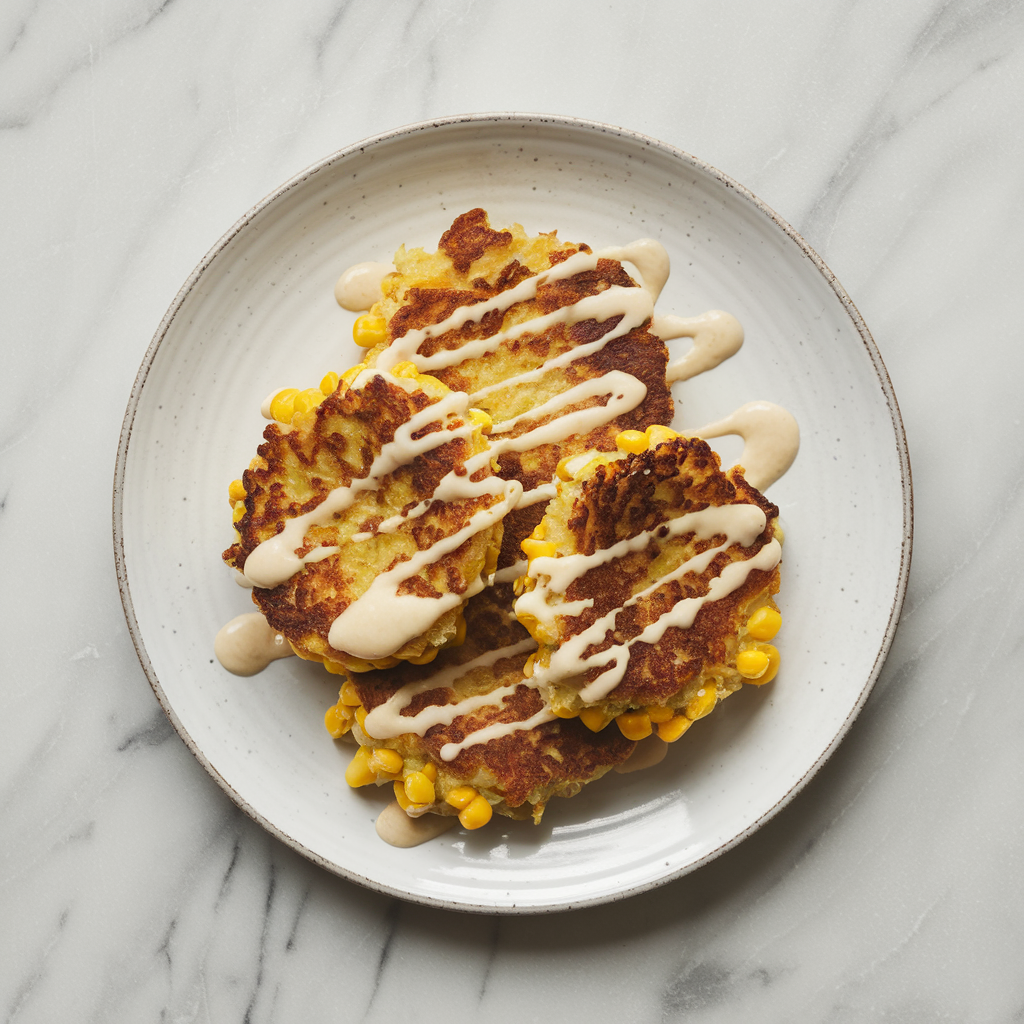 Savory Chickpea & Sweet Corn Breakfast Fritters with Avocado-Tahini Drizzle