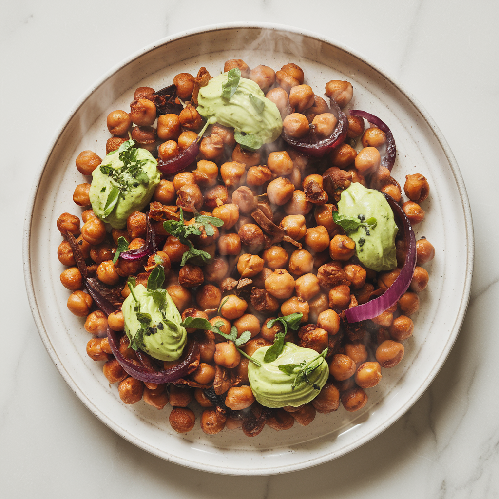 Savory Cocoa & Chickpea Stir-Fry with Spiced Avocado Cream