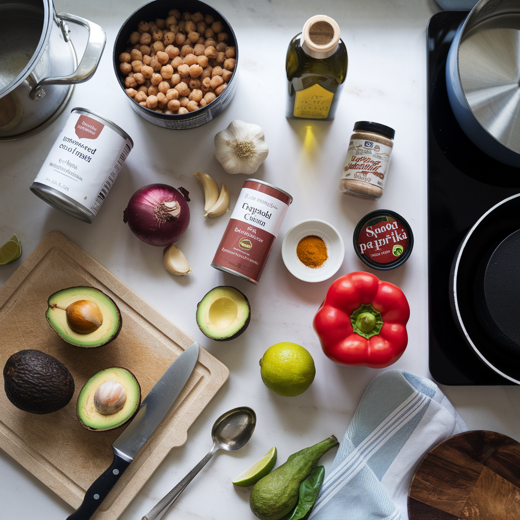 Ingredients for Savory Cocoa & Chickpea Stir-Fry with Spiced Avocado Cream