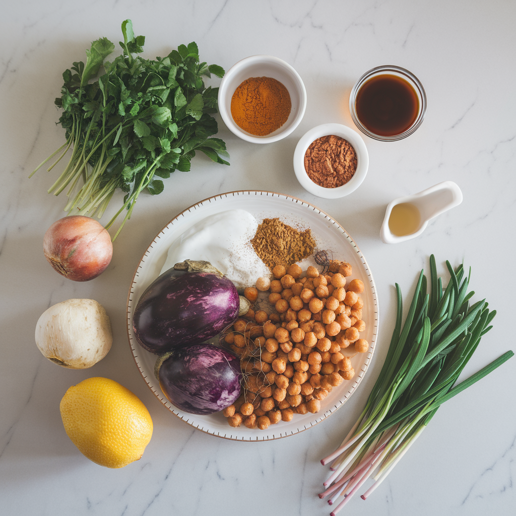 Ingredients for Savory Eggplant & Chickpea Skillet with Spiced Yogurt Drizzle