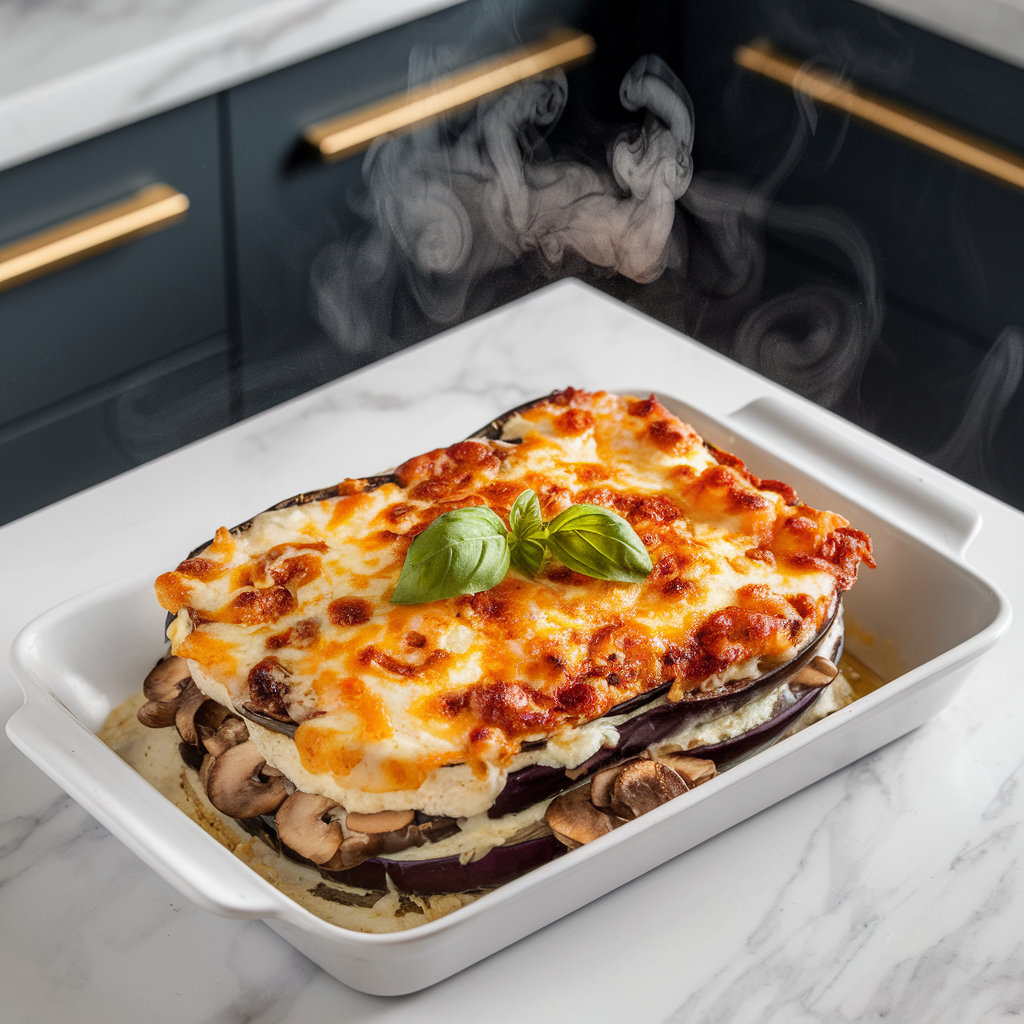 Savory Eggplant & Mushroom Lasagna with Cauliflower Bechamel