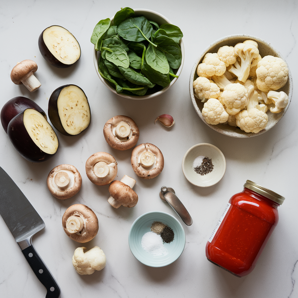 Ingredients for Savory Eggplant & Mushroom Lasagna with Cauliflower Bechamel