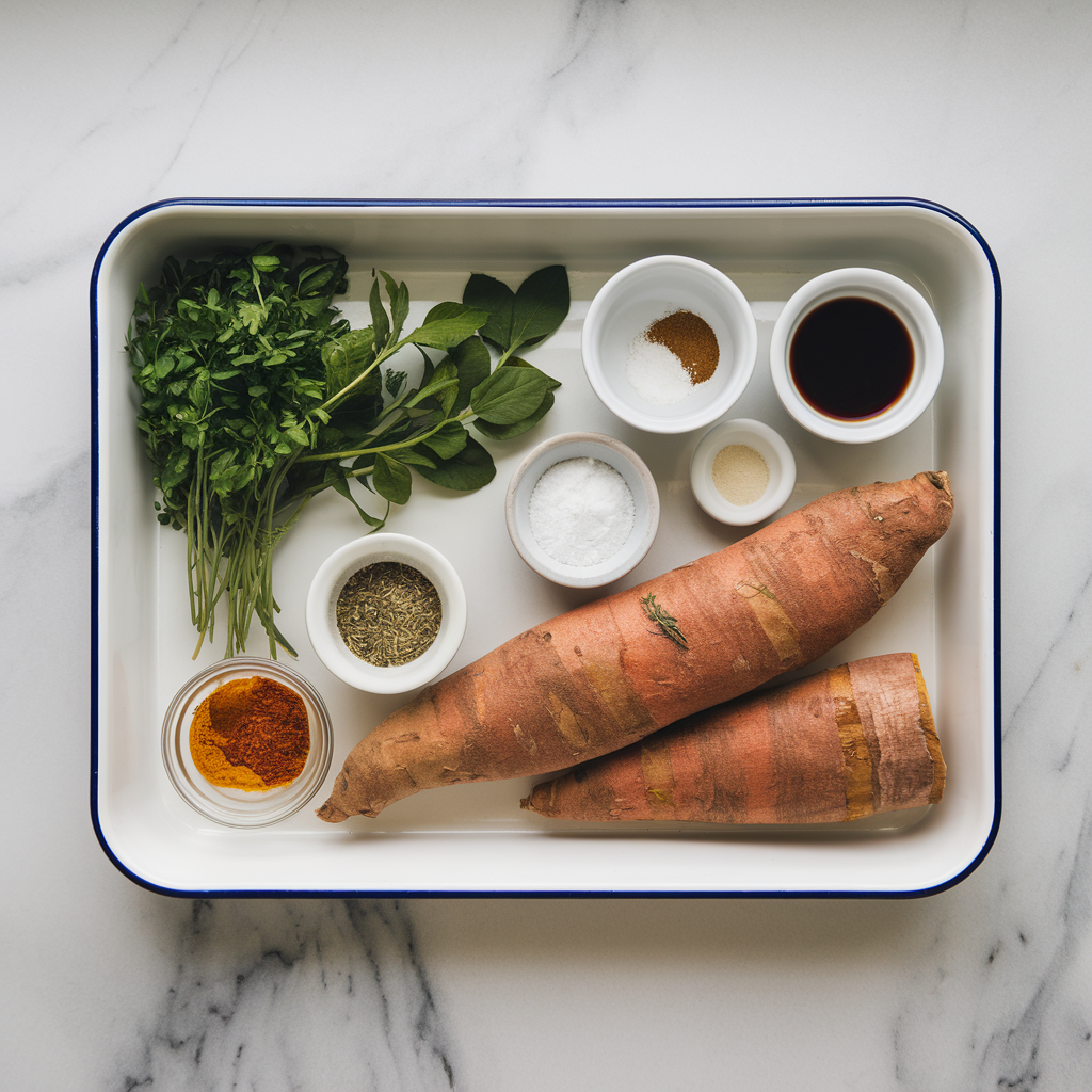 Ingredients for Savory Herb-Stuffed Sweet Potato Rolls with Black Garlic