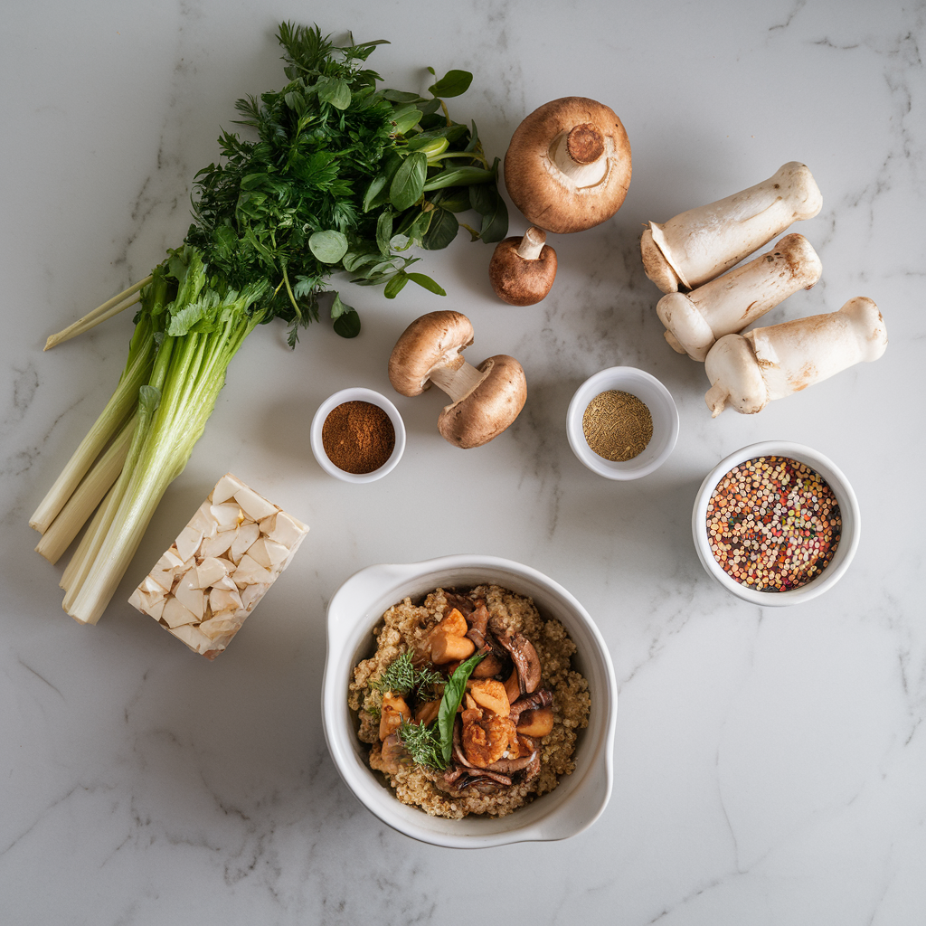 Ingredients for Savory Jackfruit & Mushroom Stir-Fry with Ginger Quinoa