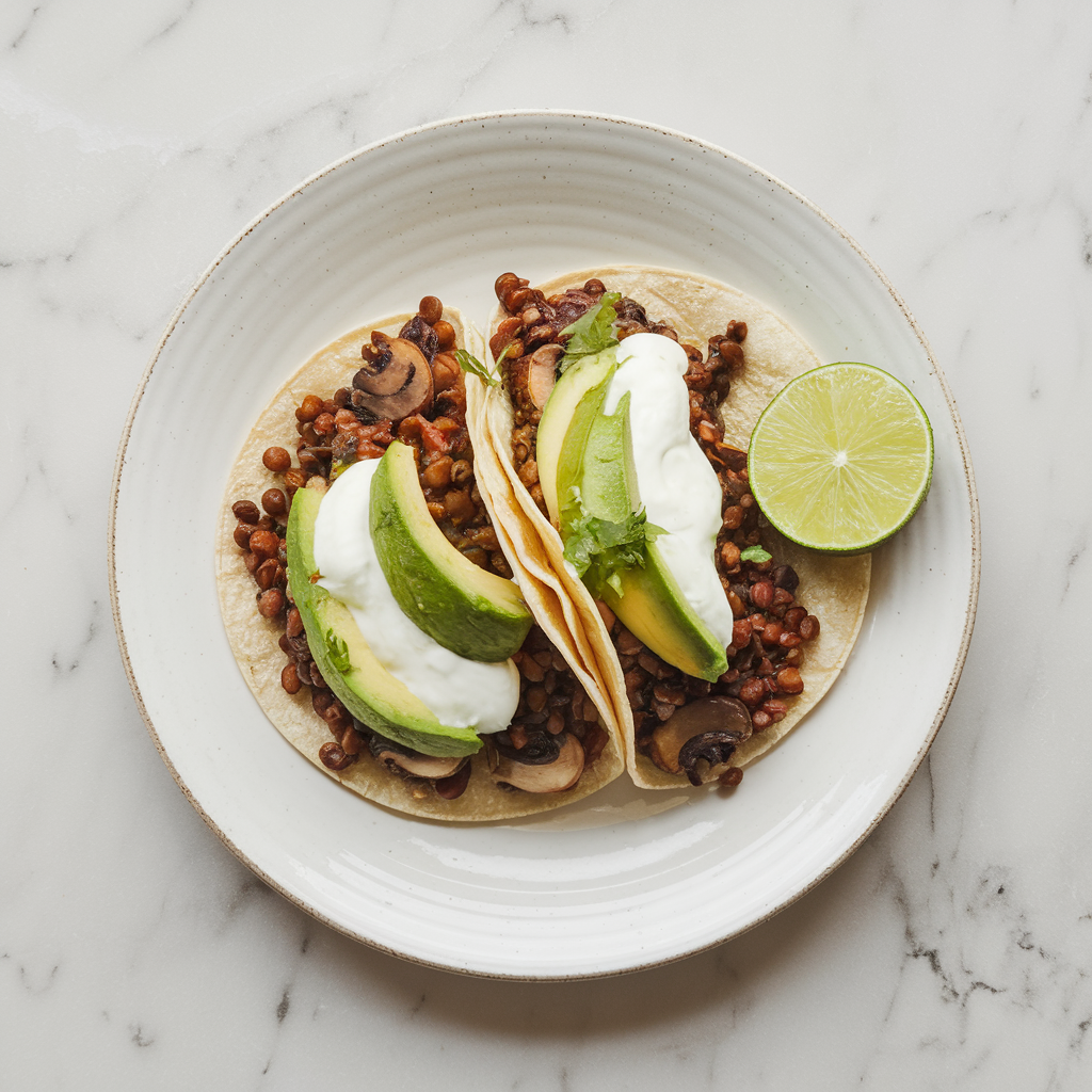 Savory Lentil Mushroom Breakfast Tacos with Avocado Lime Crema