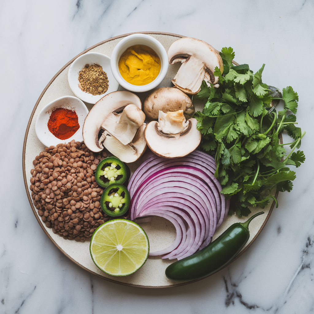 Ingredients for Savory Lentil Mushroom Breakfast Tacos with Avocado Lime Crema