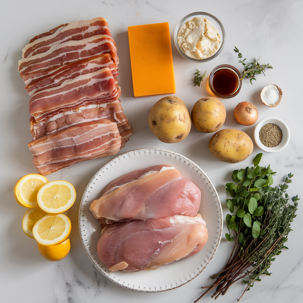 Ingredients for Savory Maple Bacon & Cheddar Stuffed Chicken with Crispy Potato Hash
