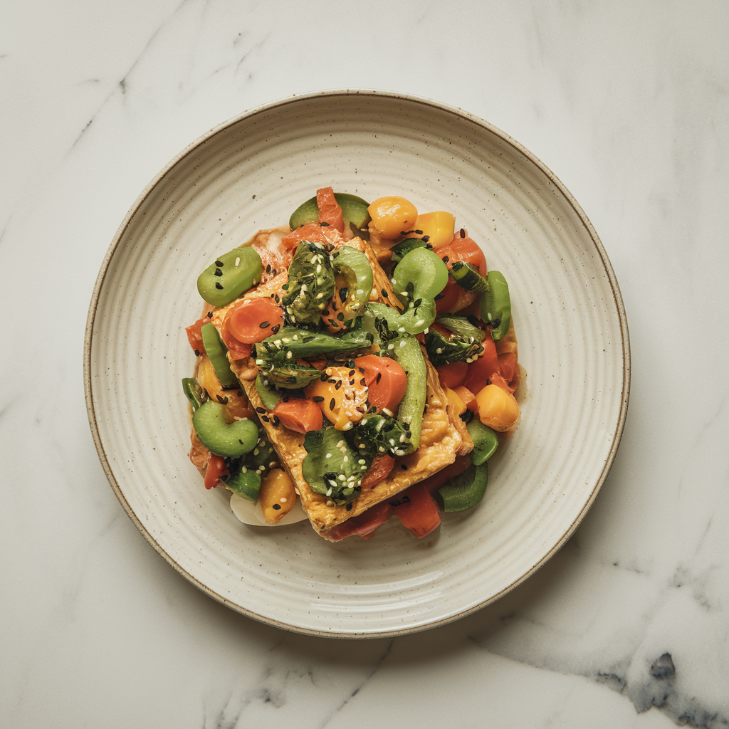Savory Maple-Miso Tempeh with Roasted Sesame Veggie Medley