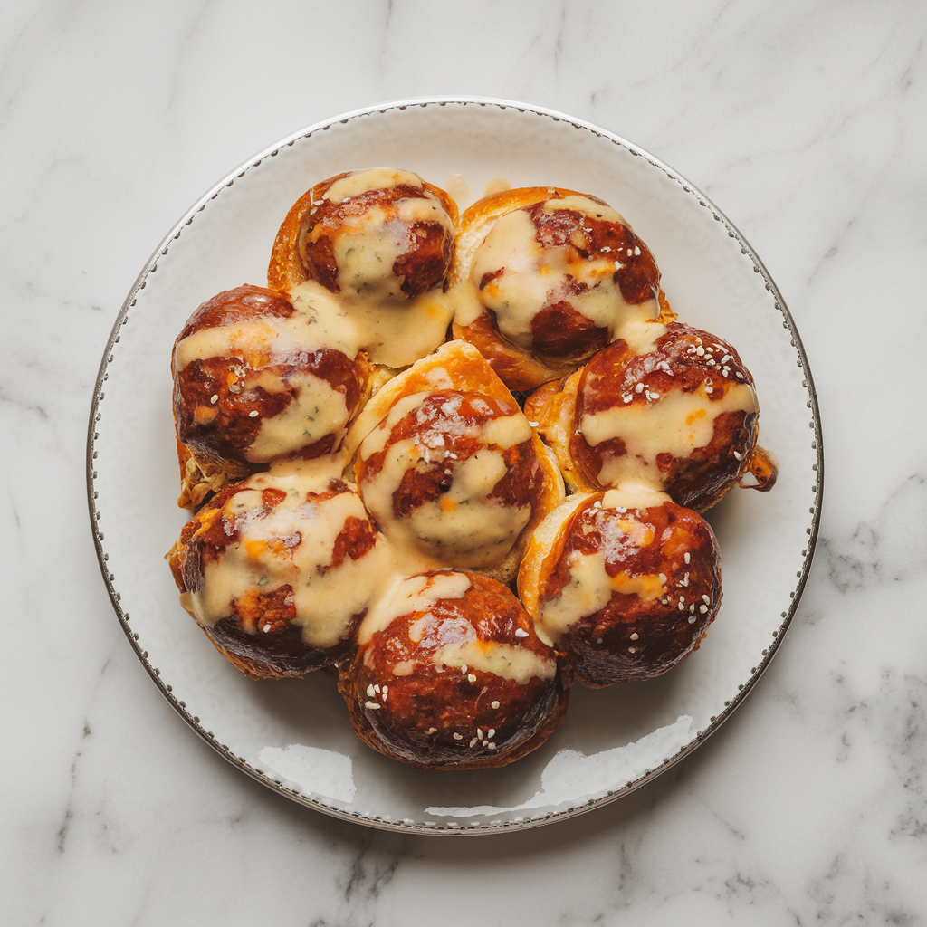 Savory Meatball-Stuffed Pretzel Rolls with Cheesy Ale Sauce