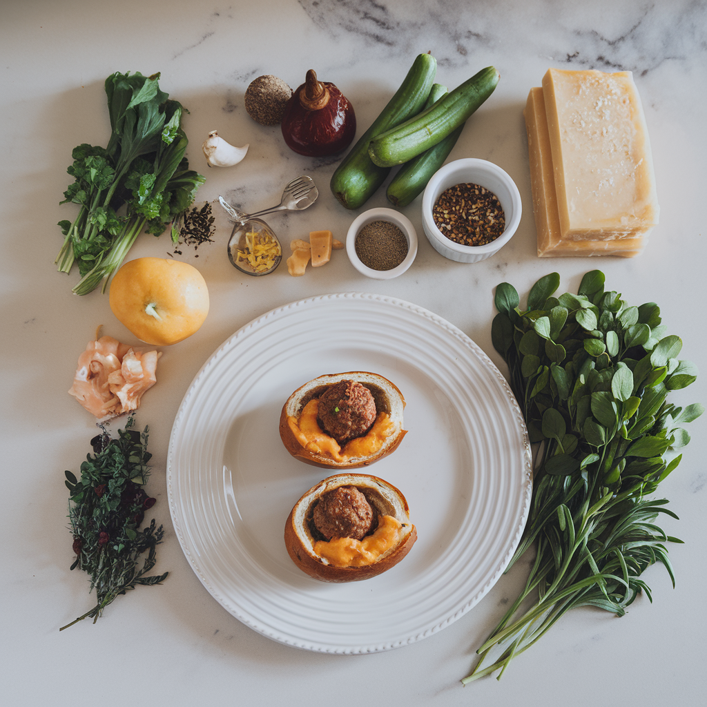Ingredients for Savory Meatball-Stuffed Pretzel Rolls with Cheesy Ale Sauce