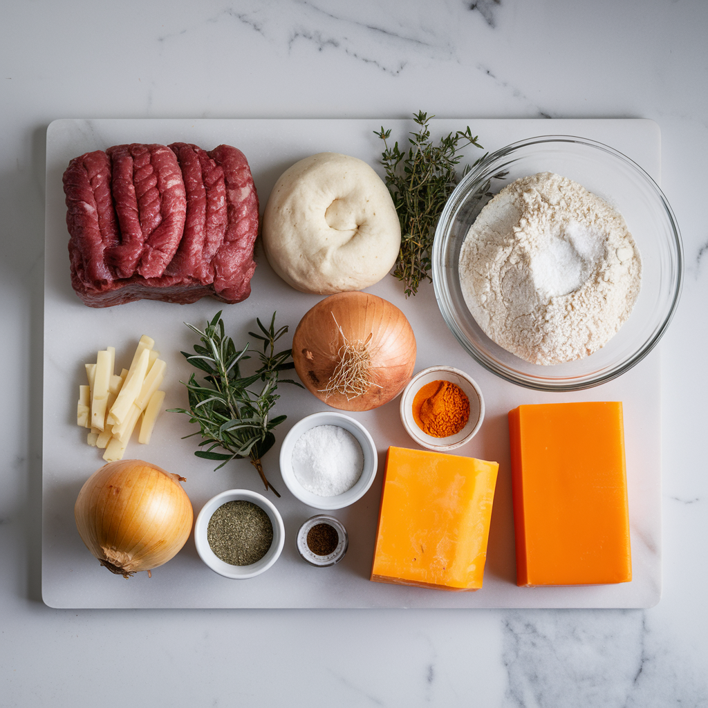 Ingredients for Savory Meaty Swirl Bread with Caramelized Onion and Cheese