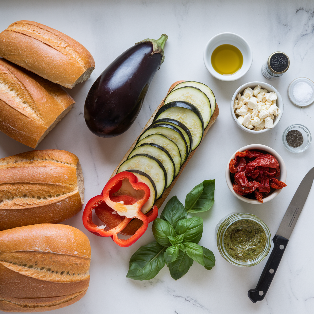 Ingredients for Savory Mediterranean Stuffed Ciabatta Sandwich