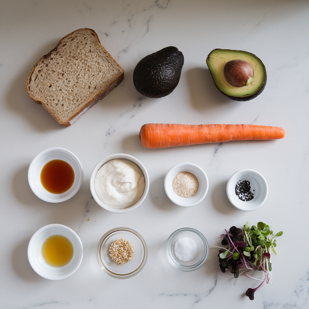 Ingredients for Savory Miso Avocado Toast with Pickled Carrot Ribbons