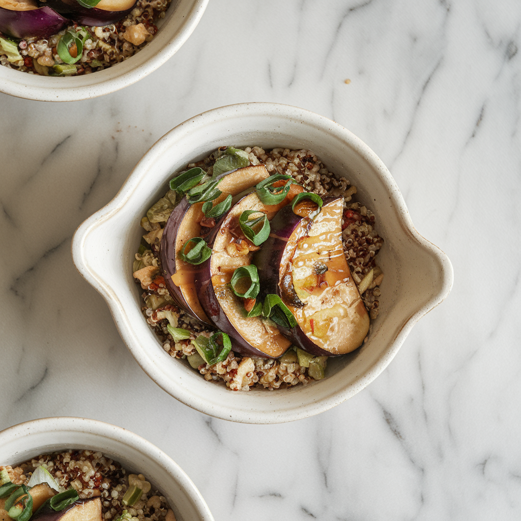 Savory Miso-Maple Glazed Eggplant & Quinoa Bowls