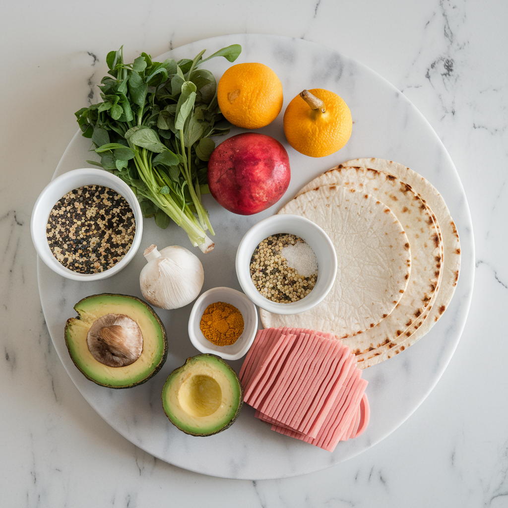 Ingredients for Savory Miso Mushroom Breakfast Wraps with Quinoa & Avocado