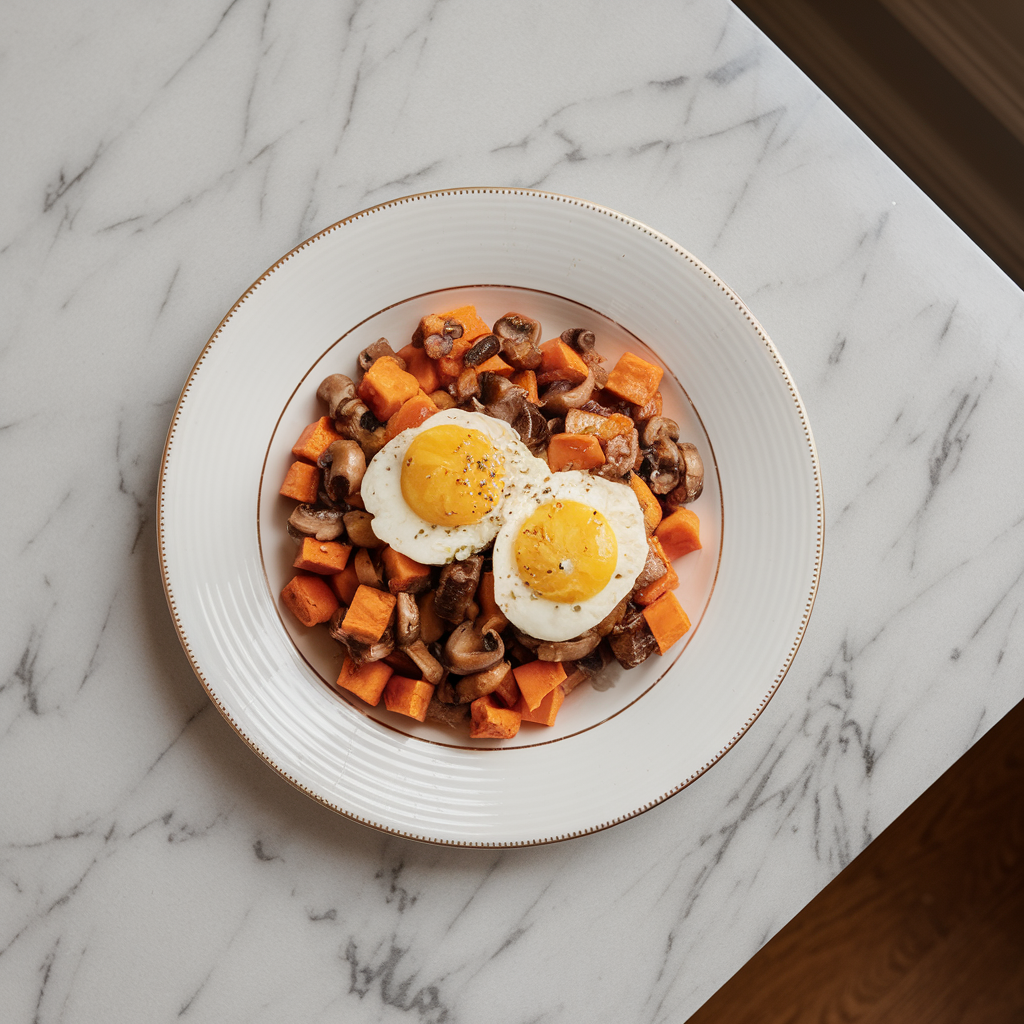 Savory Miso Mushroom & Sweet Potato Breakfast Hash