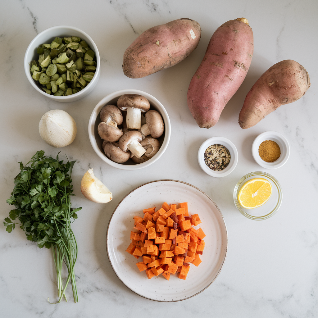 Ingredients for Savory Miso Mushroom & Sweet Potato Breakfast Hash