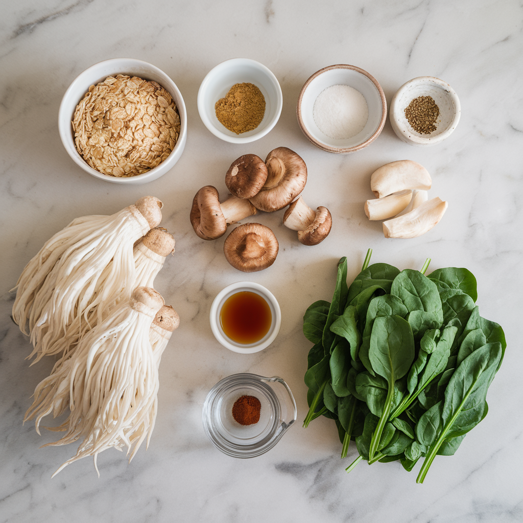Ingredients for Savory Miso Oatmeal with Shiitake Mushrooms and Spinach
