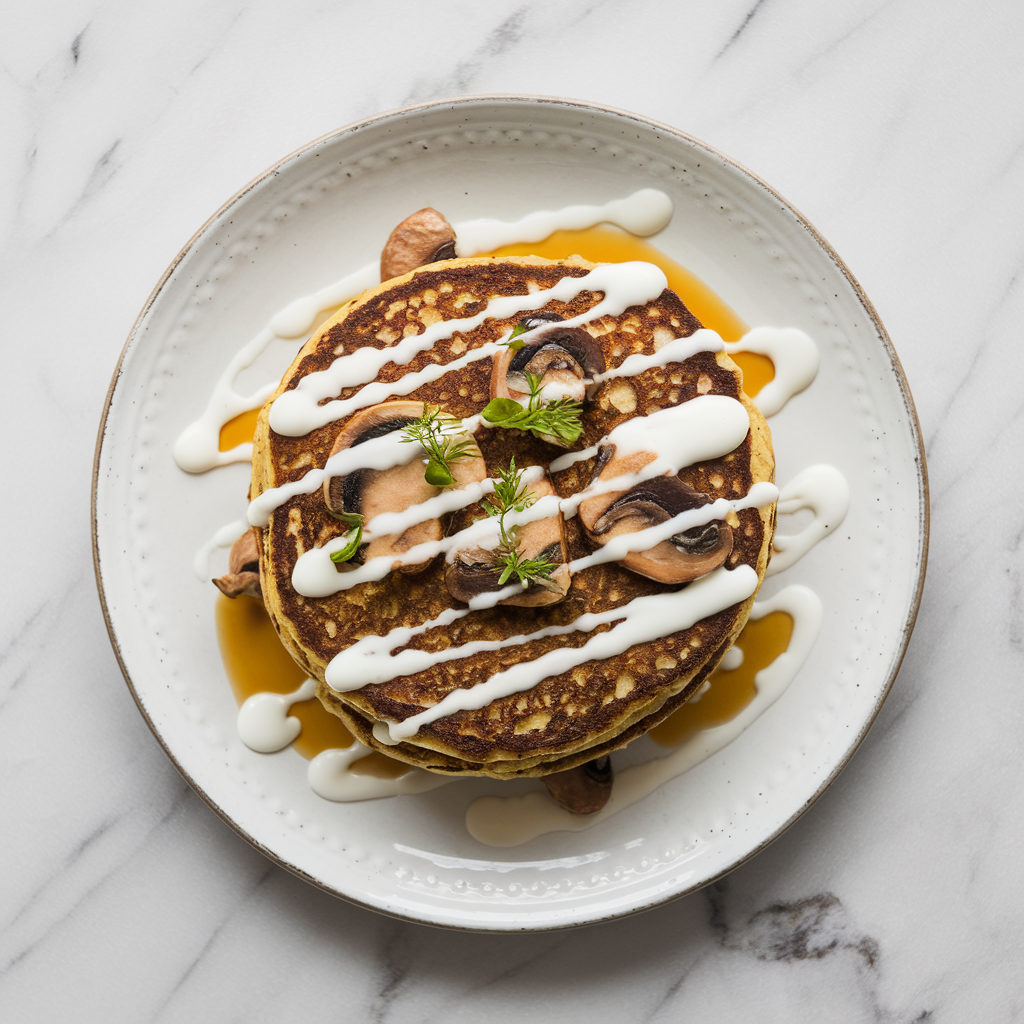 Savory Mushroom & Lentil Breakfast Pancakes with Herbal Yogurt Drizzle