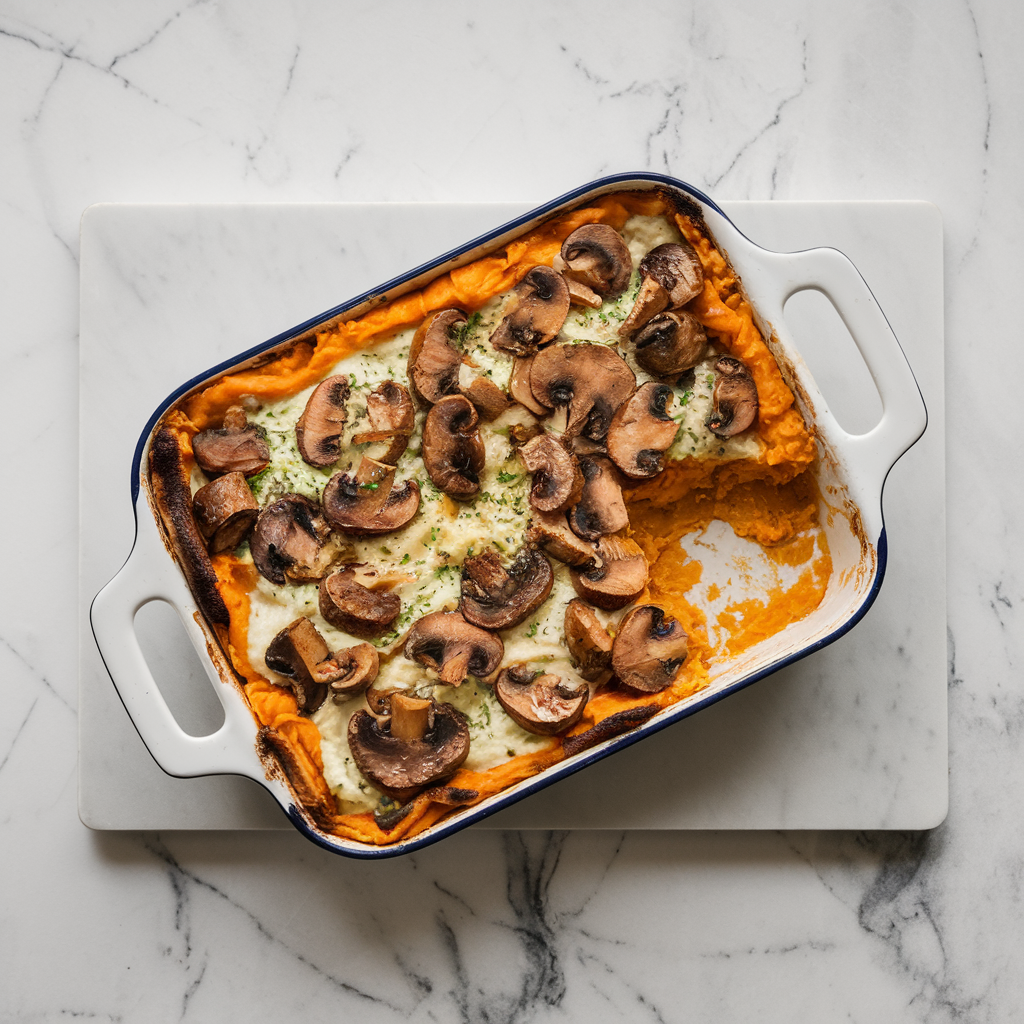 Savory Mushroom and Lentil Shepherd’s Pie with Sweet Potato Mash