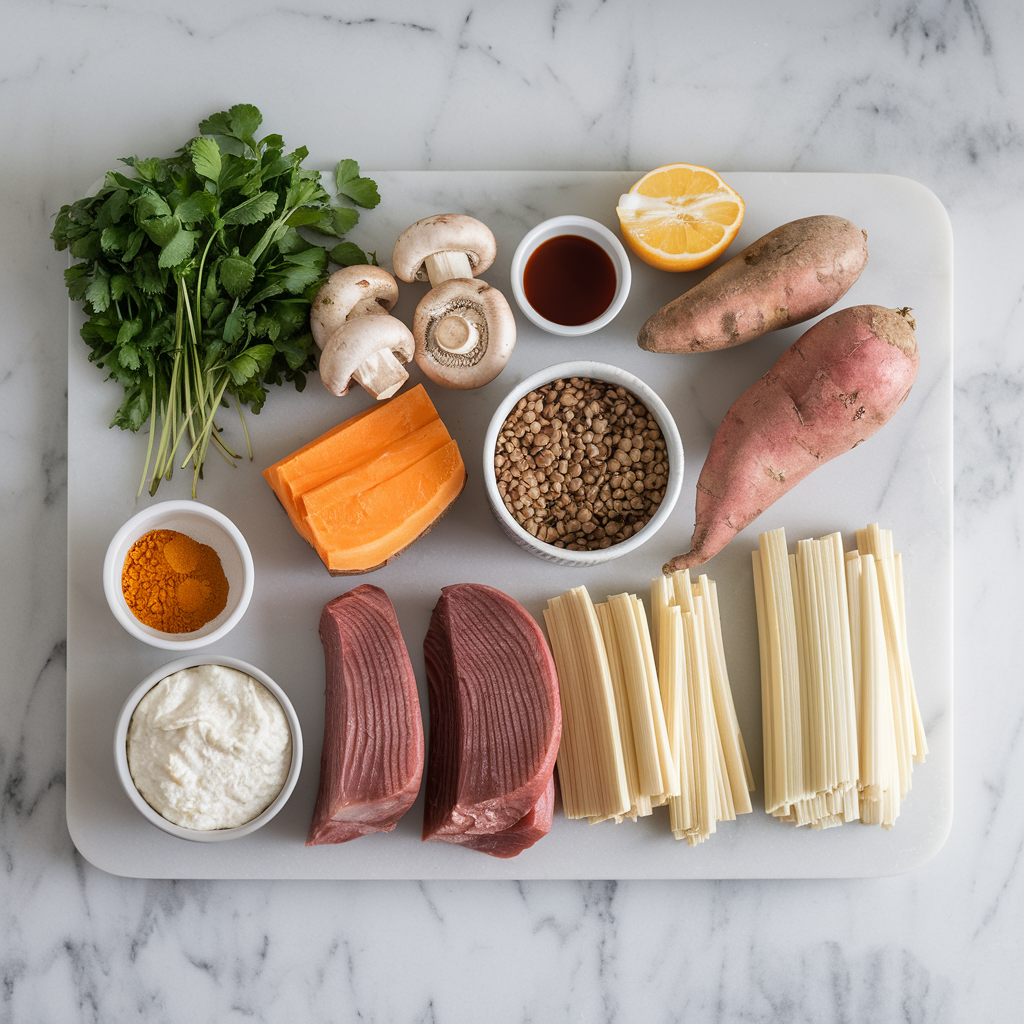 Ingredients for Savory Mushroom and Lentil Shepherd’s Pie with Sweet Potato Mash