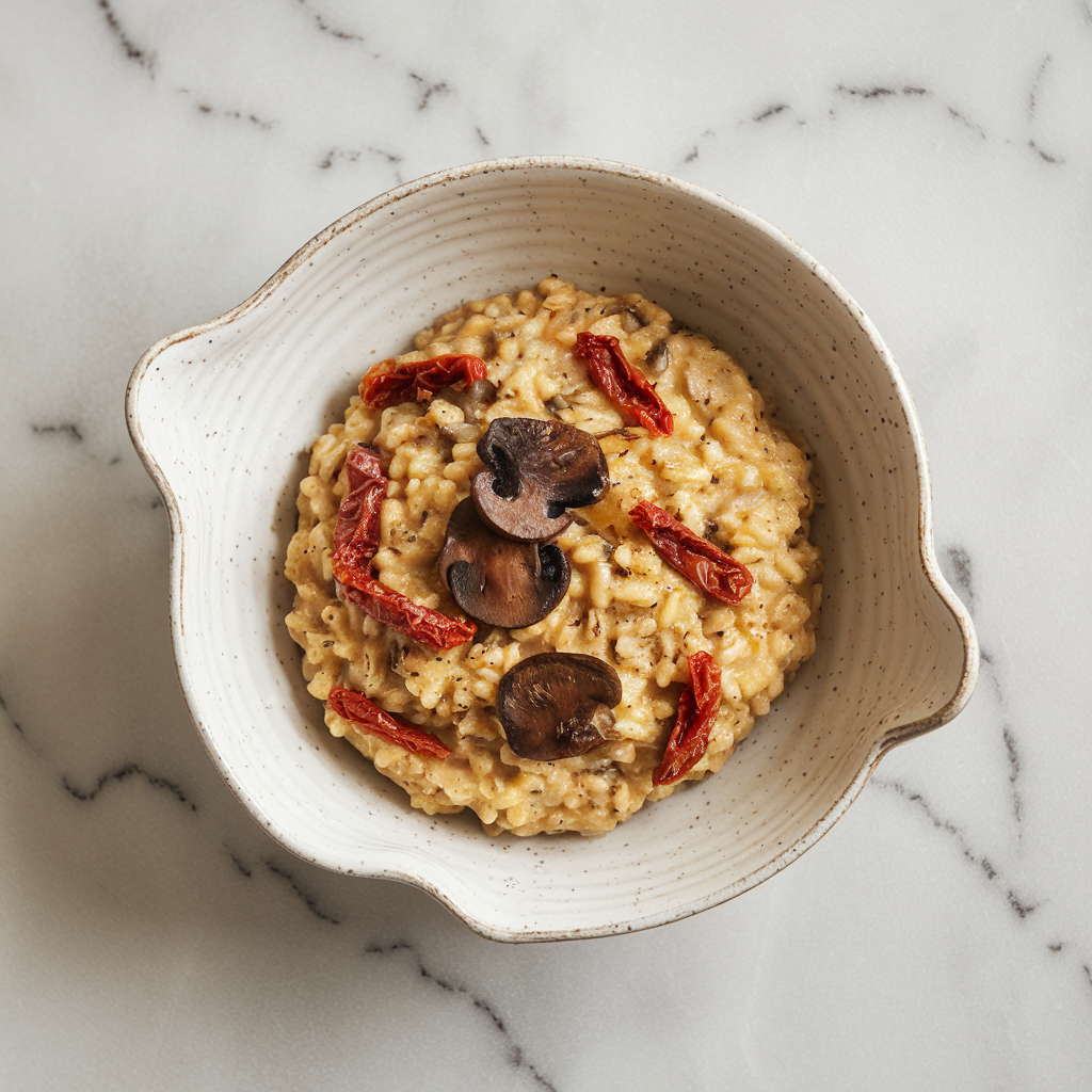 Savory Oat Risotto with Mixed Mushrooms and Sun-Dried Tomatoes