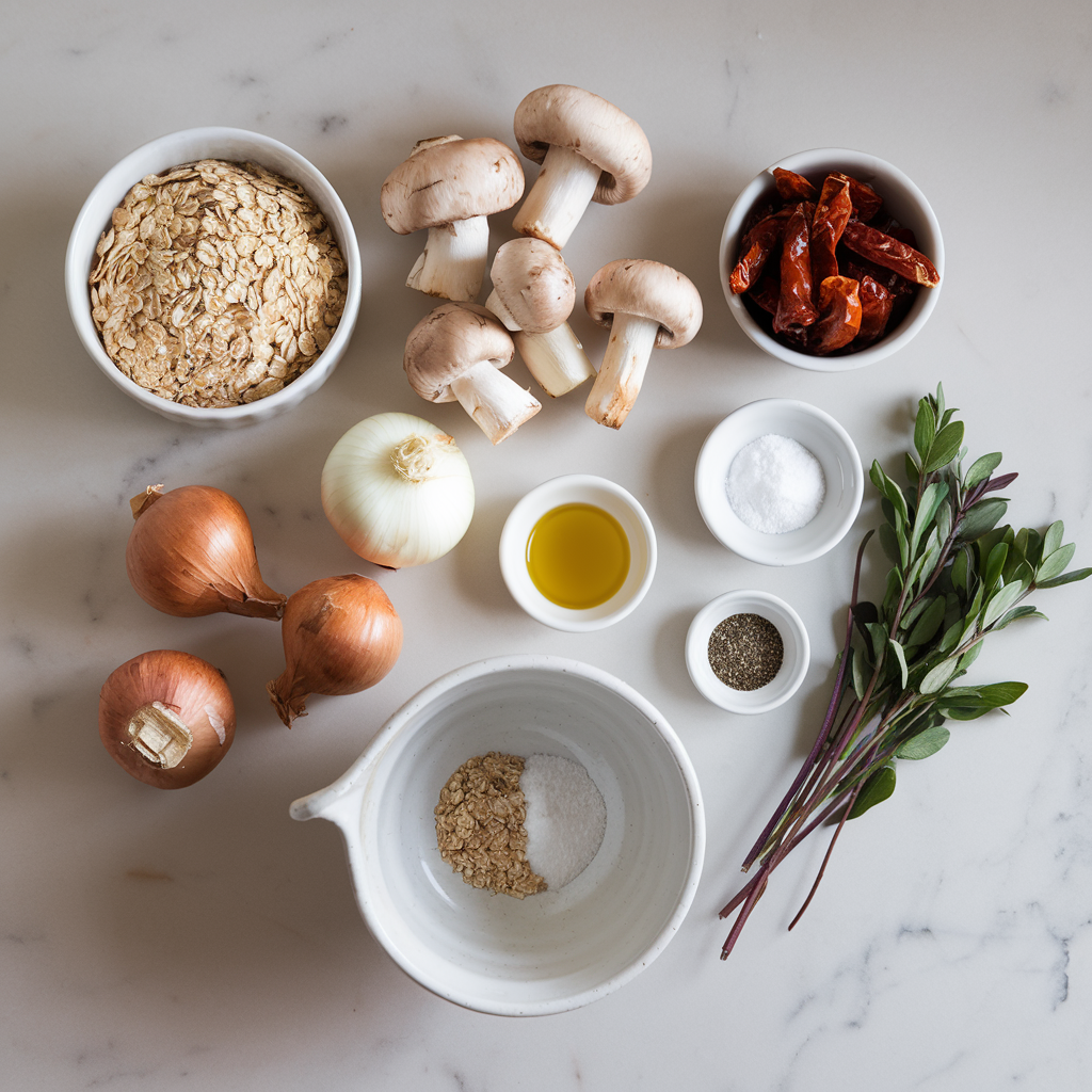 Ingredients for Savory Oat Risotto with Mixed Mushrooms and Sun-Dried Tomatoes