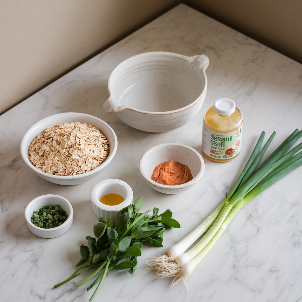 Ingredients for Savory Oatmeal with Miso-Poached Eggs and Sesame Greens