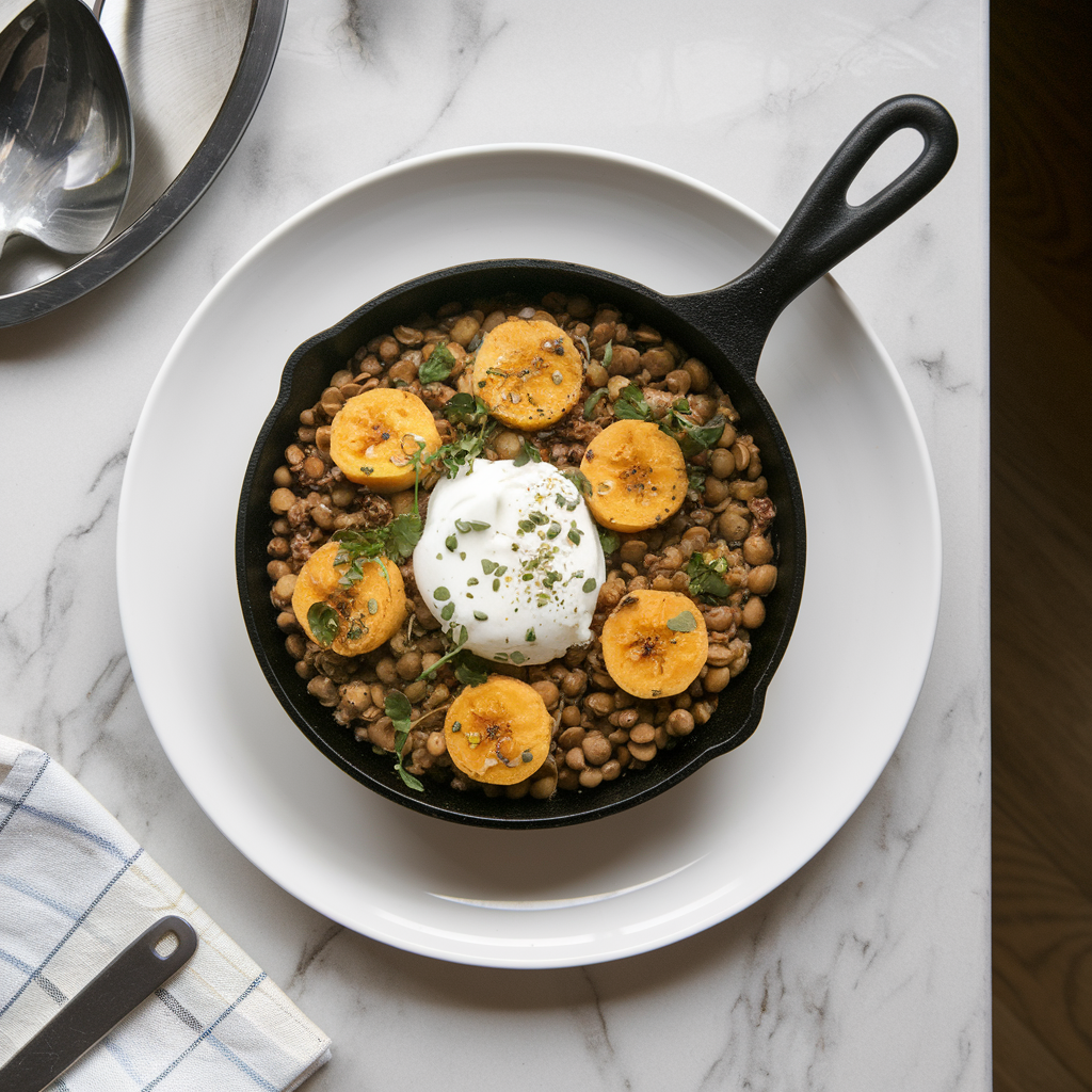Savory Plantain and Lentil Skillet with Spiced Coconut Cream