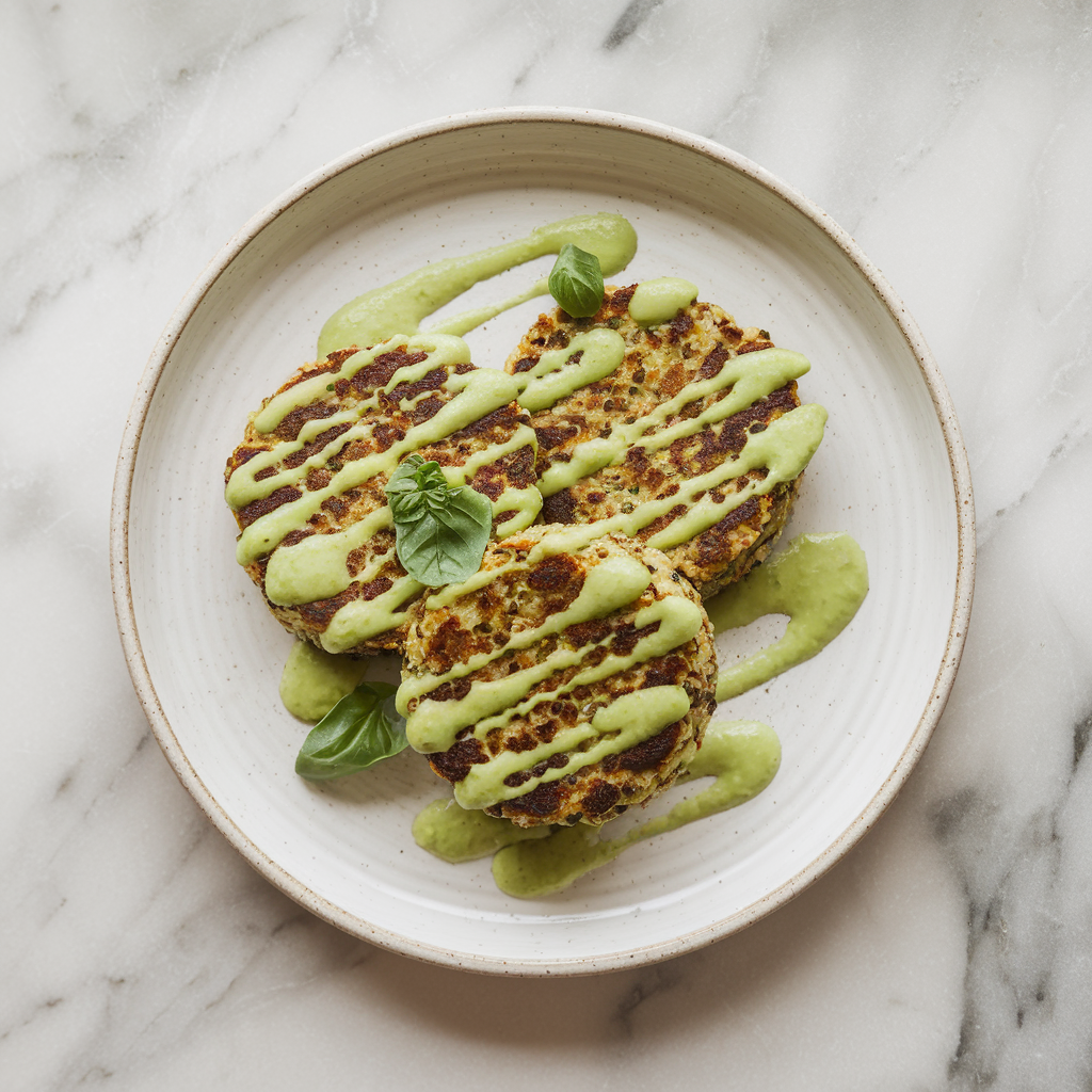 Savory Quinoa Breakfast Patties with Avocado Basil Drizzle