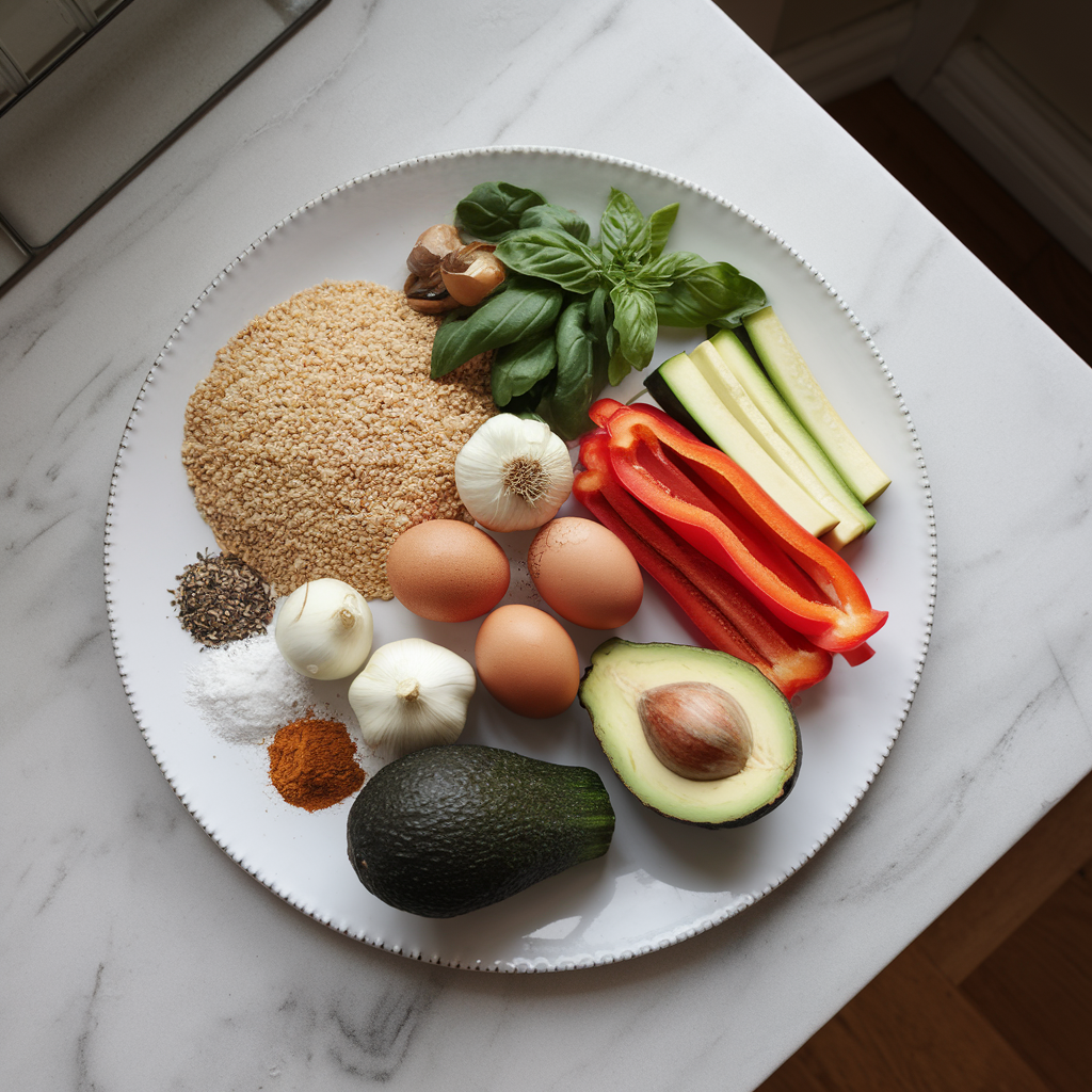 Ingredients for Savory Quinoa Breakfast Patties with Avocado Basil Drizzle