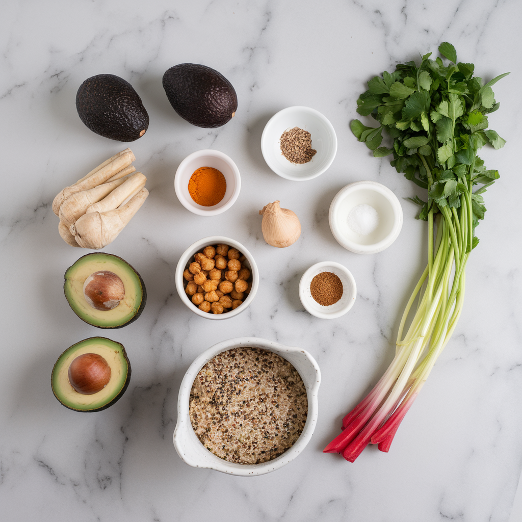 Ingredients for Savory Quinoa Breakfast Porridge with Spiced Chickpeas and Avocado