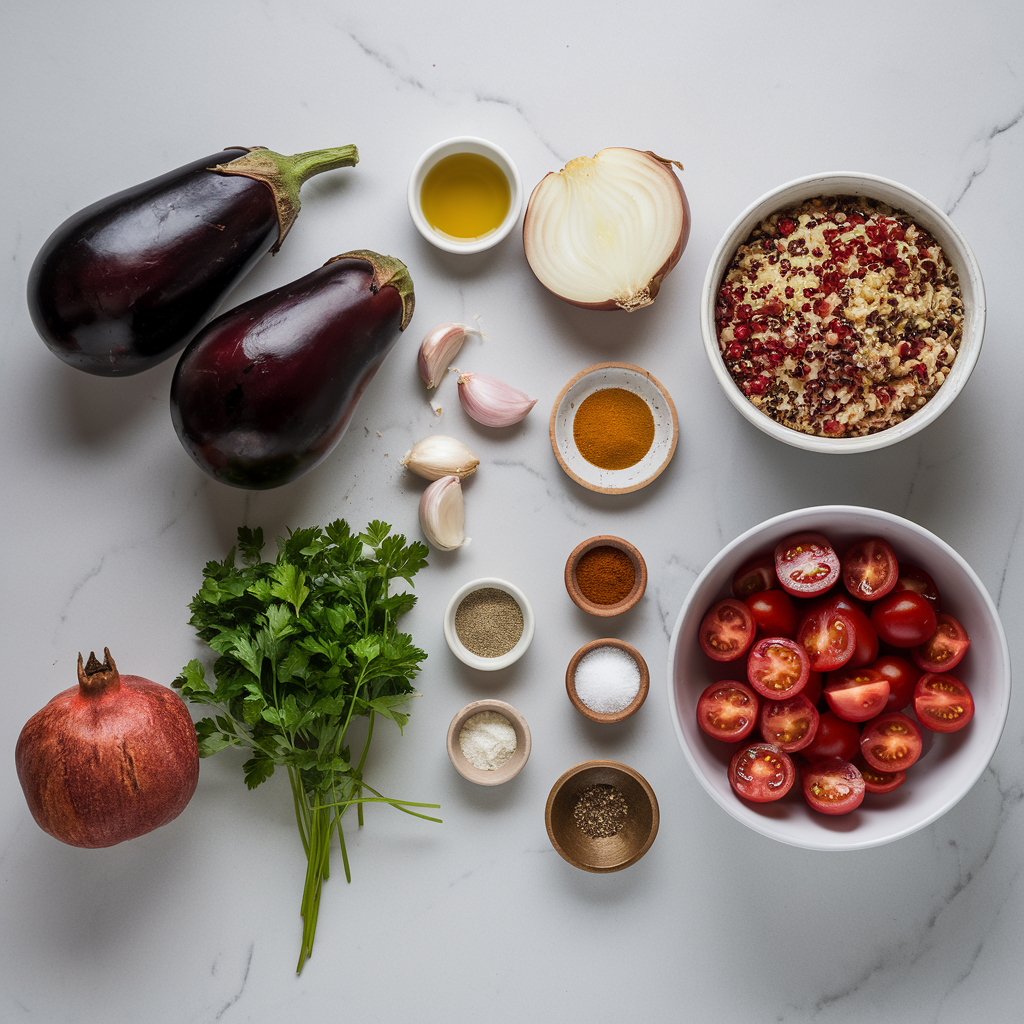 Ingredients for Savory Quinoa-Stuffed Eggplants with Zesty Pomegranate Salsa