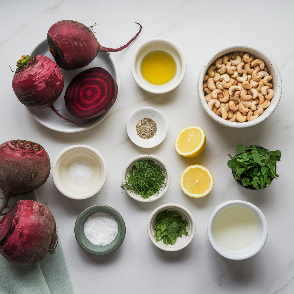 Ingredients for Savory Roasted Beets with Herbed Cashew Cream