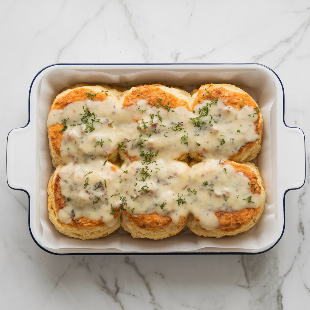 Savory Sausage Biscuit Bake with Cheddar Gravy