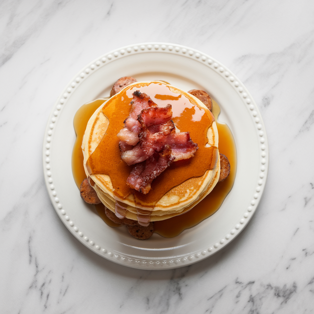 Savory Sausage & Cheddar Pancake Stacks with Maple-Bacon Syrup