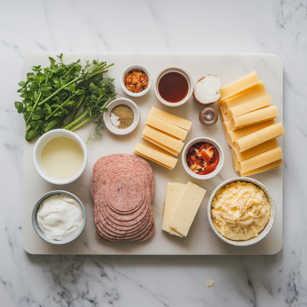Ingredients for Savory Sausage & Cheese Breakfast Strata with Buttery Croissant Layers