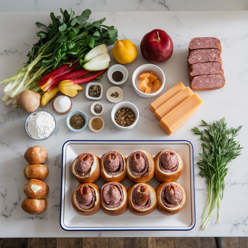 Ingredients for Savory Sausage-Stuffed Pretzel Rolls with Smoked Gouda