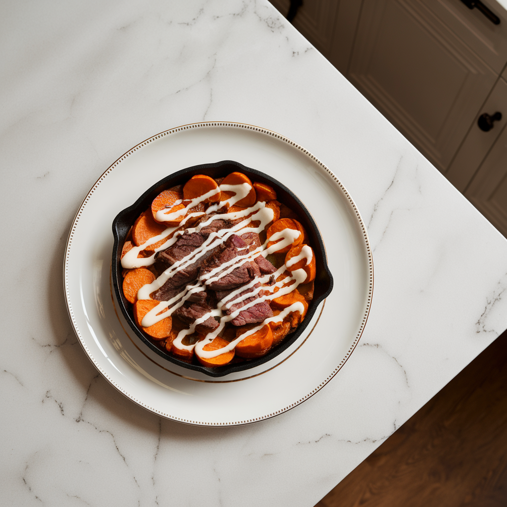 Savory Spiced Beef & Sweet Potato Skillet with Creamy Cheese Drizzle