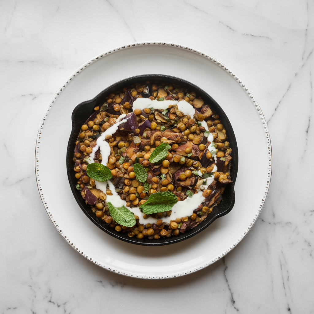 Savory Spiced Lentil and Eggplant Skillet with Fresh Mint Sauce