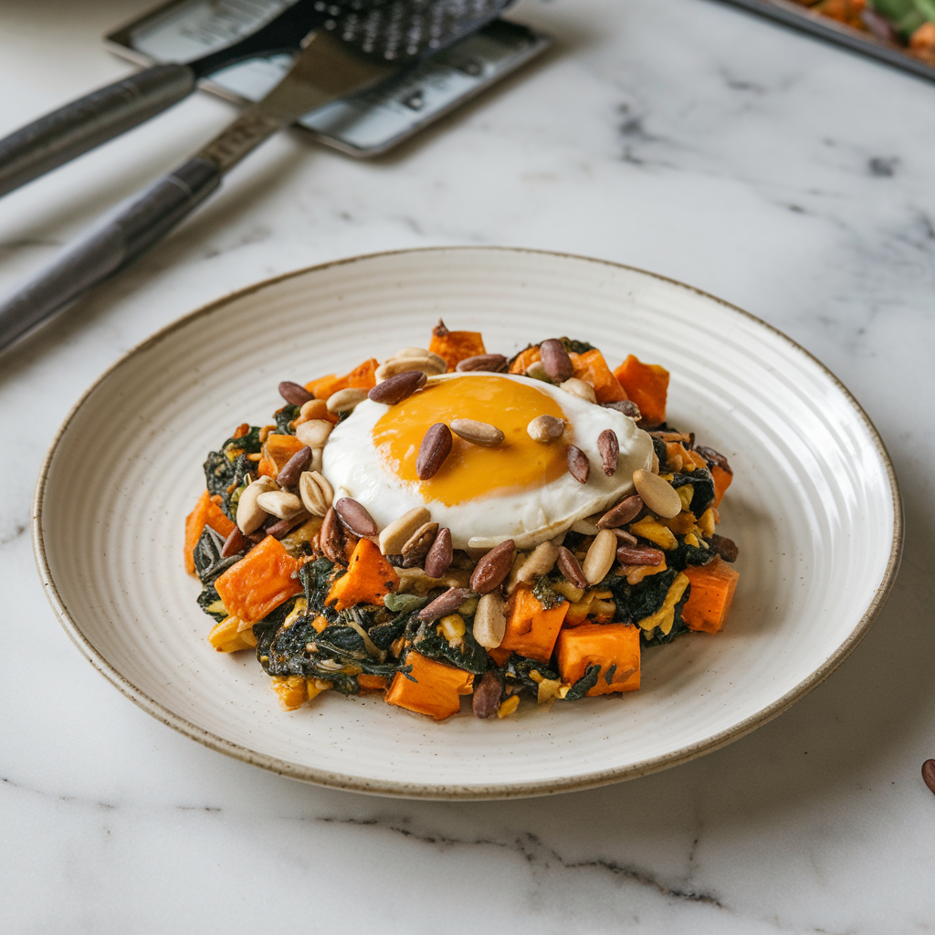 Savory Spinach & Sweet Potato Breakfast Hash with Sunflower Seed Salsa
